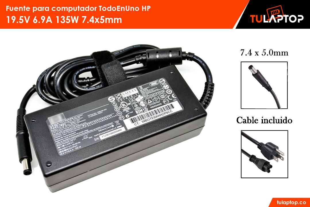 Fuente para computador TodoEnUno HP 19.5V 6.9A 135W 7.4x5mm - Tu Laptop