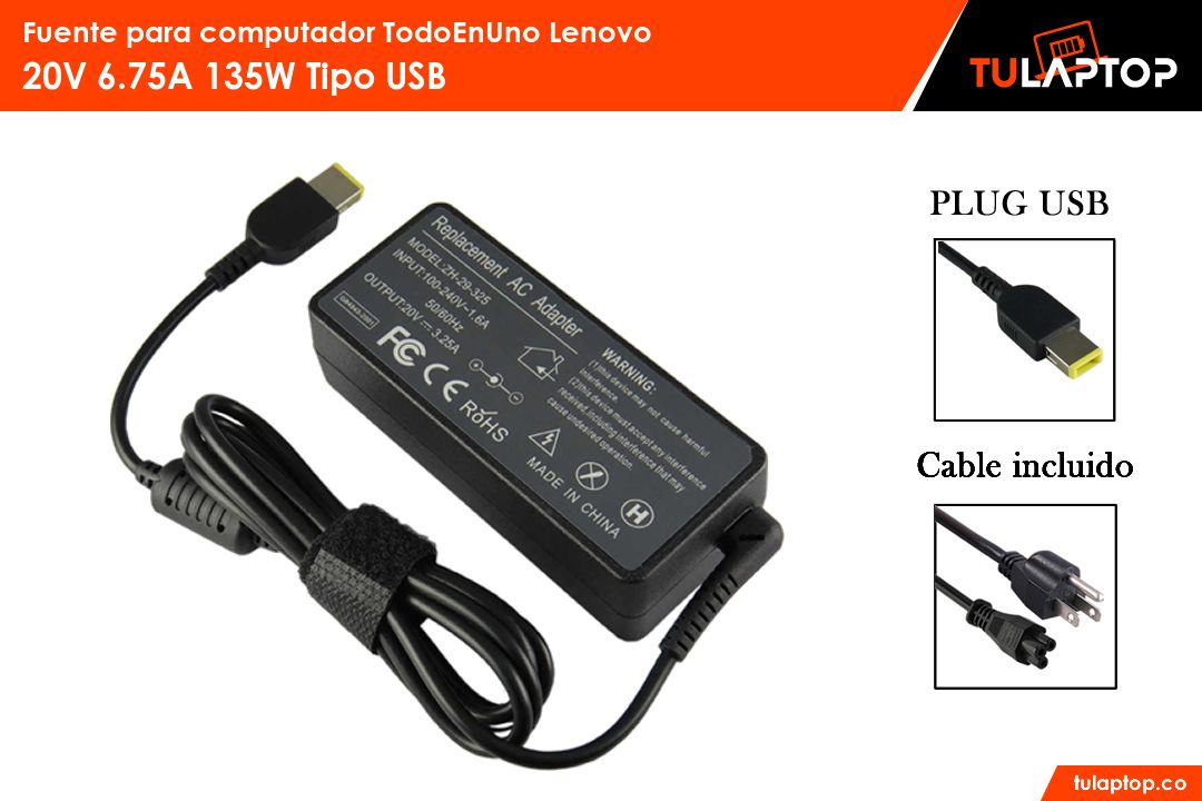 Fuente para computador TodoEnUno Lenovo 20V 6.75A 135W Tipo USB - Tu Laptop