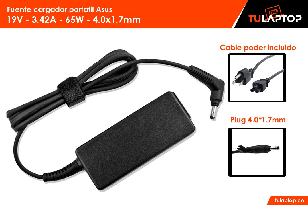 Fuente cargador para computador Asus 19V 3.42A 65W 4.0*1.35mm - Tu Laptop