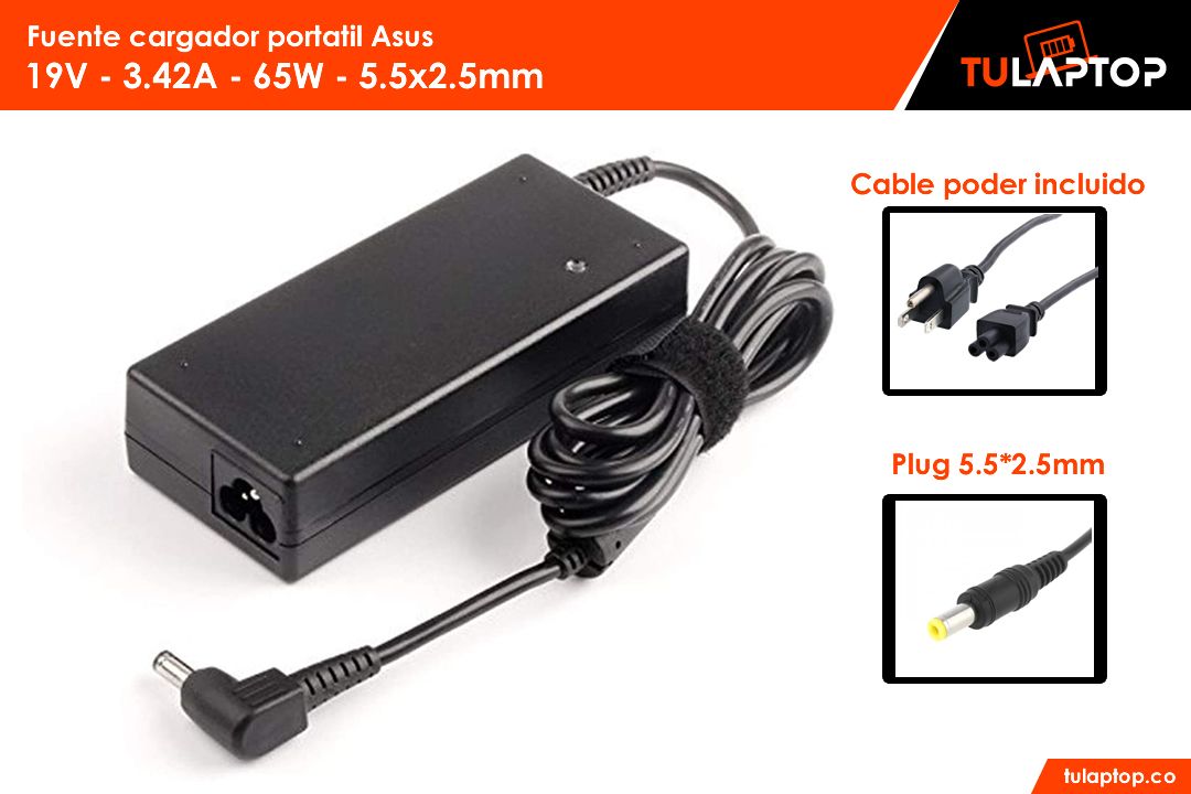 Fuente cargador para computador Asus 19V 3.42A 65W 5.5*2.5mm - Tu Laptop