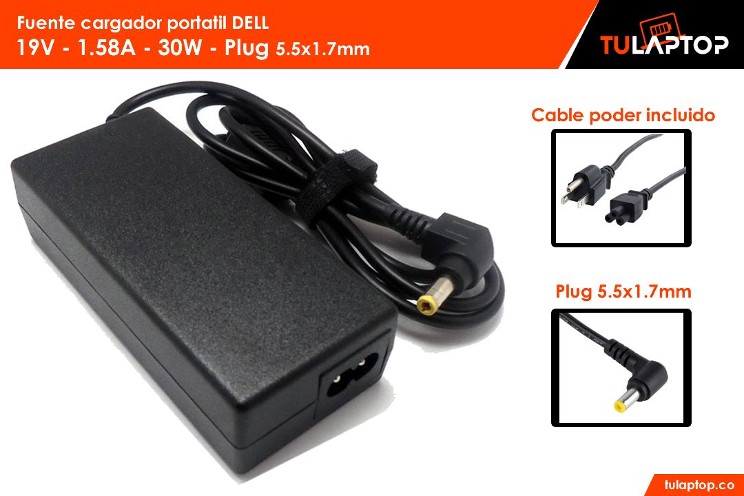 Fuente cargador para computador Dell 19.5V 1.58A 30W 5.5*1.7mm - Tu Laptop