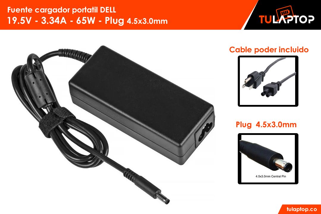 Fuente cargador para computador Dell 19.5V 3.34A 65W 4.5x3.0mm Punta aguja - Tu Laptop