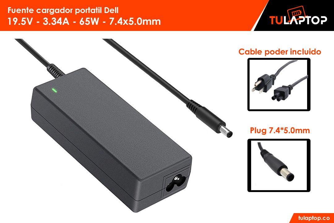 Fuente cargador para computador Dell 19.5V 3.34A 65W 7.4*5mm Punta aguja - Tu Laptop