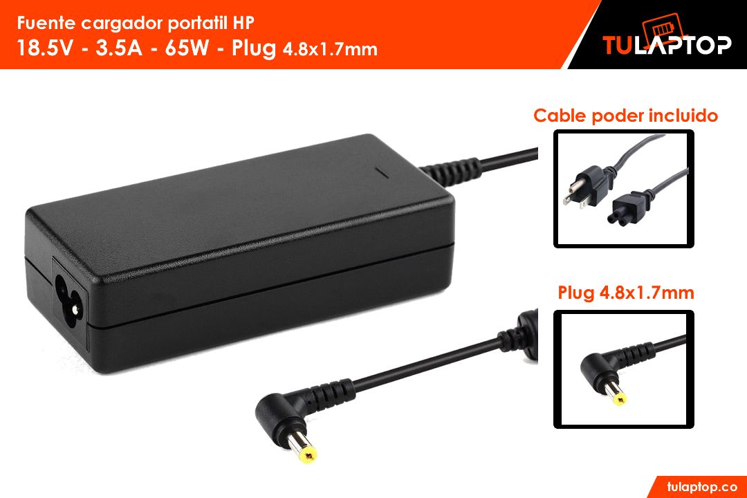 Fuente cargador para computador HP 18.5V 3.5A 65W 4.8x1.7mm Punta amarilla - Tu Laptop
