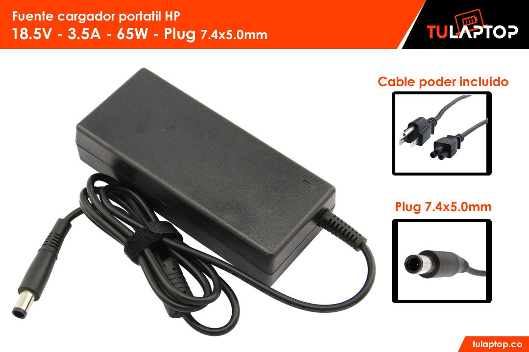 Fuente cargador para computador HP 18.5V 3.5A 65W 7.4x5mm Punta aguja - Tu Laptop