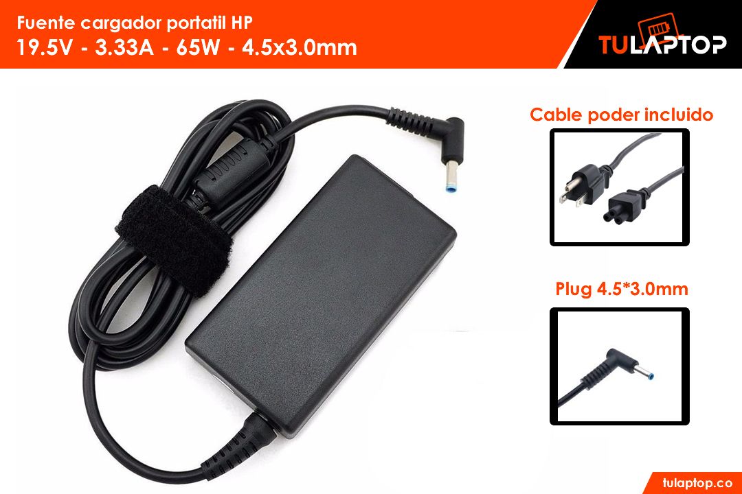 Fuente cargador para computador HP 19.5V 3.33A 65W 4.5x3mm Punta azul - Tu Laptop