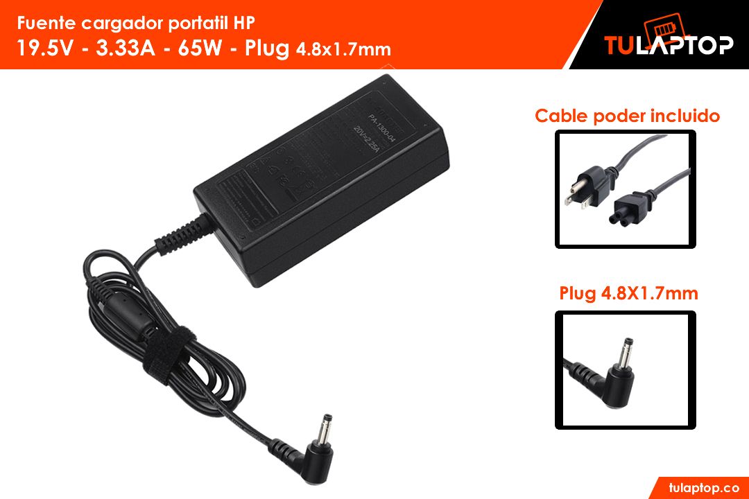 Fuente cargador para computador HP 19.5V 3.33A 65W 4.8x1.7mm - Tu Laptop