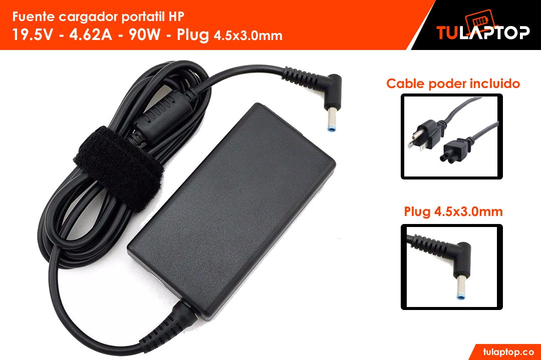 Fuente cargador para computador HP 19.5V - 4.62A 90W 4.5 X 3.0mm Punta Azúl - Tu Laptop
