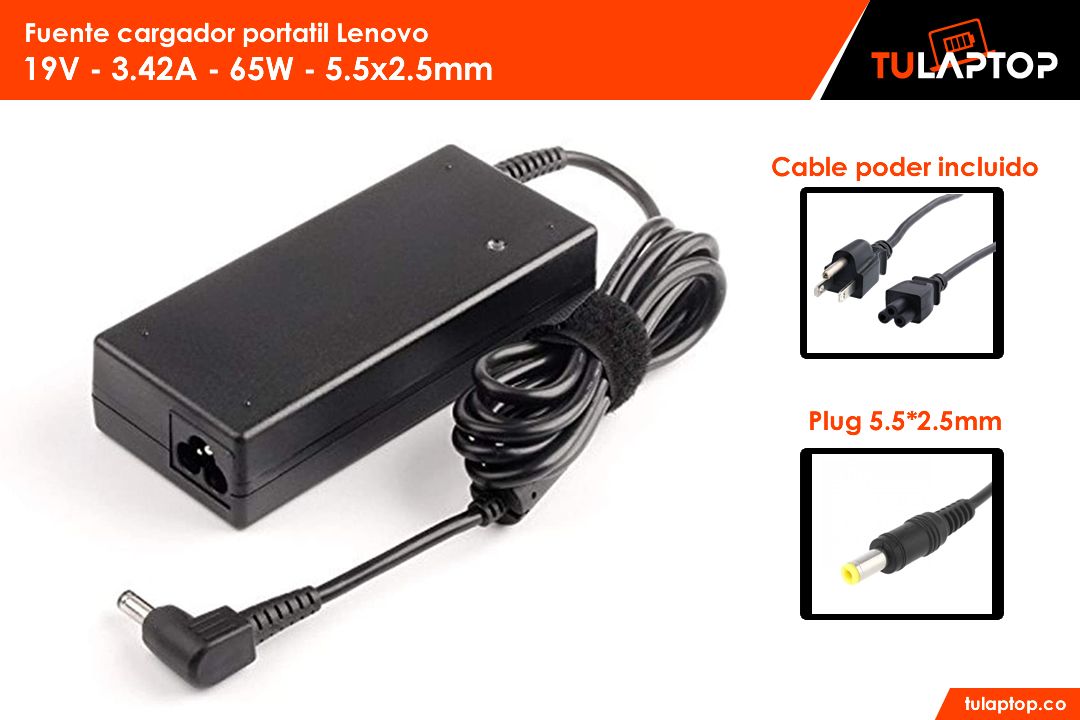 Fuente cargador para computador Lenovo 19V 3.42A 65W 5.5x2.5mm - Tu Laptop