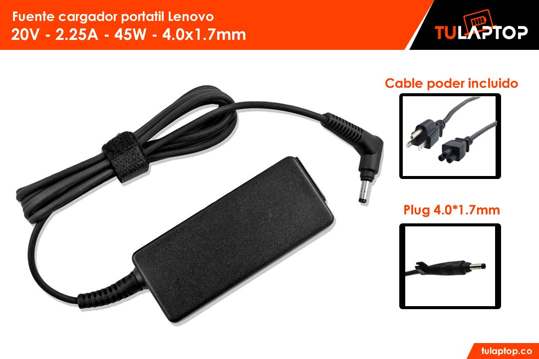Fuente cargador para computador Lenovo 20V 2.25A 45W 4x1.7mm - Tu Laptop