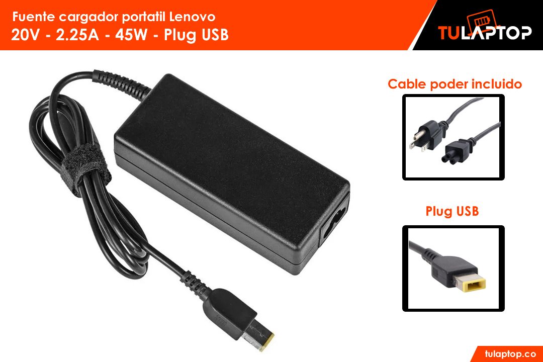 Fuente cargador para computador Lenovo 20V 2.25A 45W Tipo USB - Tu Laptop