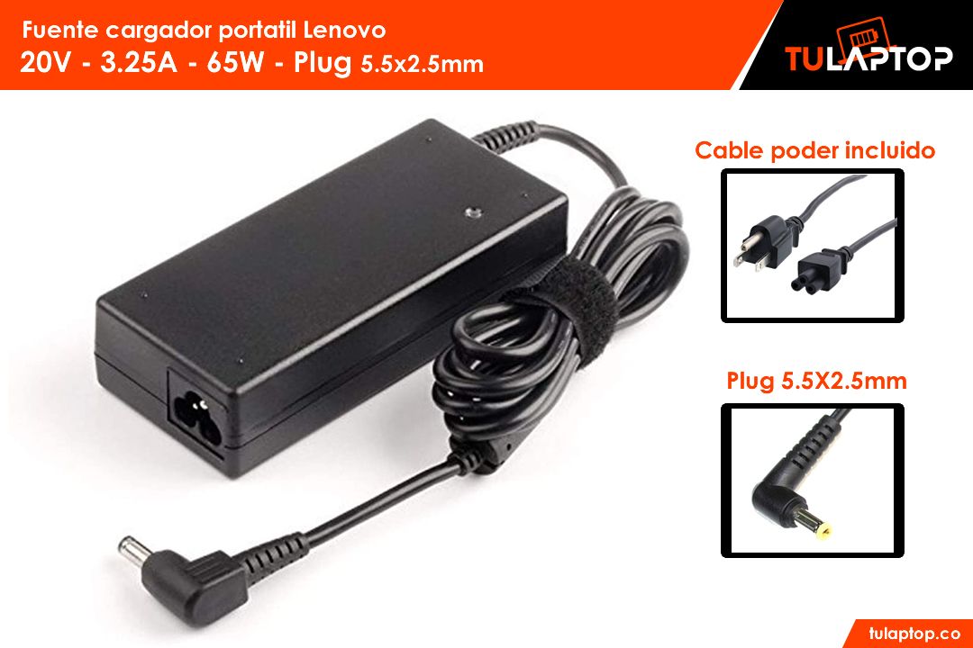 Fuente cargador para computador Lenovo 20V 3.25A 65W 5.5x2.5mm - Tu Laptop