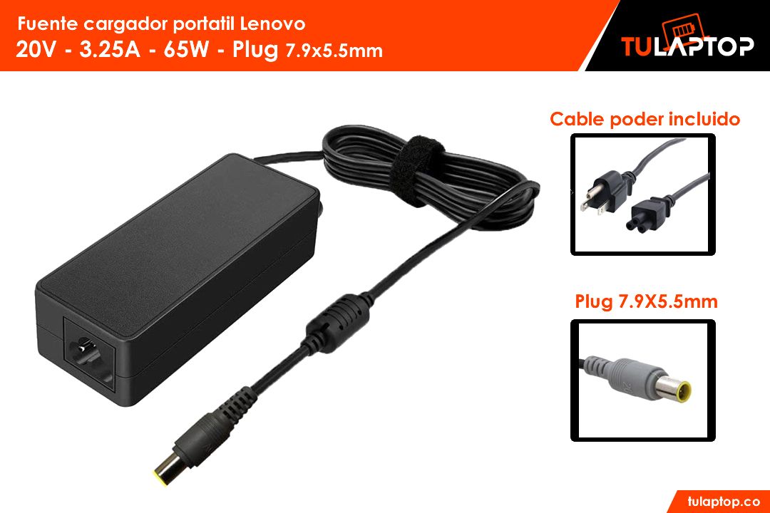 Fuente cargador para computador Lenovo 20V 3.25A 65W 7.9x5.5mm Punta aguja - Tu Laptop