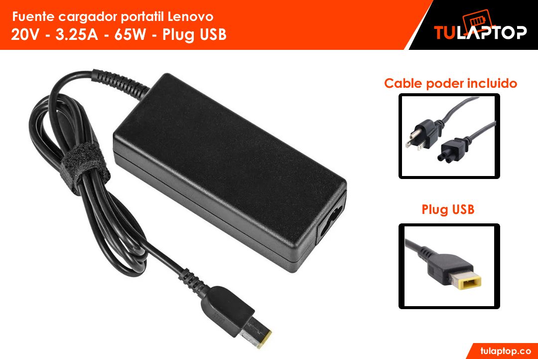Fuente cargador para computador Lenovo 20V 3.25A 65W Tipo USB - Tu Laptop