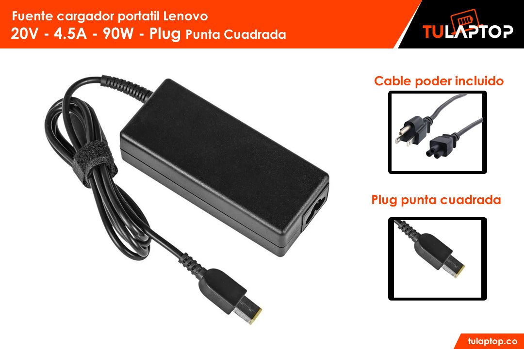 Fuente cargador para computador Lenovo 20V 4.5A 90W Tipo USB - Tu Laptop