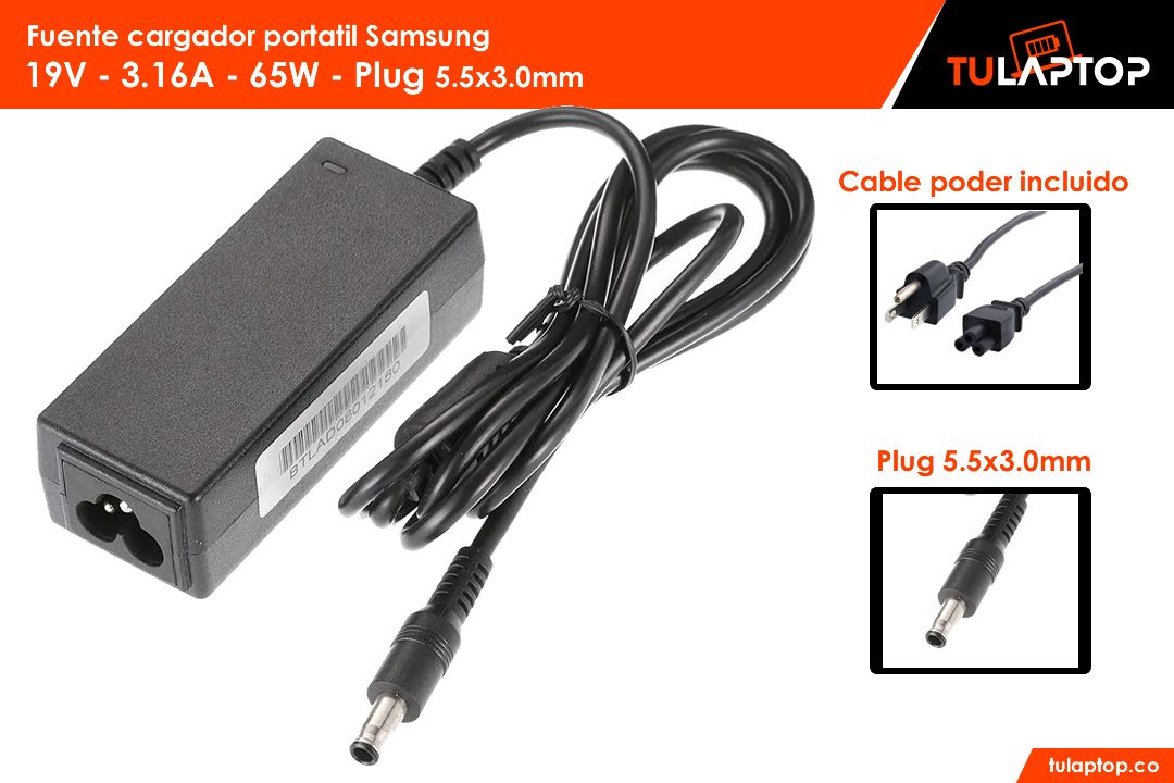 Fuente cargador para computador Samsung 19V 3.16A 65W 5.5x3.0mm - Tu Laptop