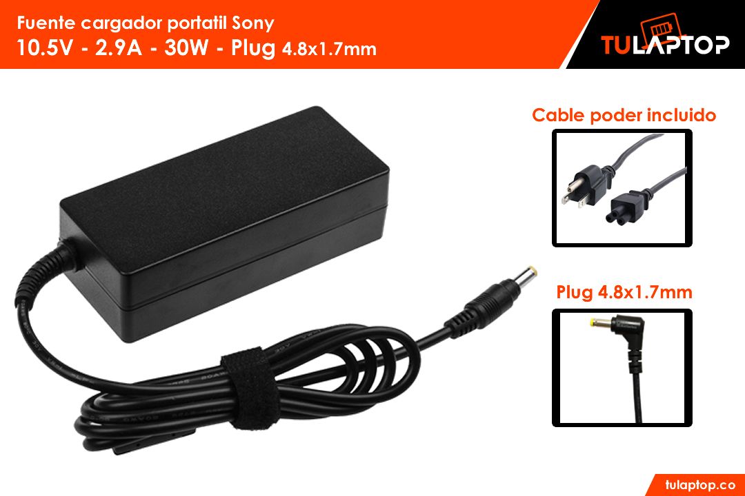 Fuente cargador para computador Sony 10.5V 2.9A 30W 4.8x1.7mm Punta amarilla - Tu Laptop
