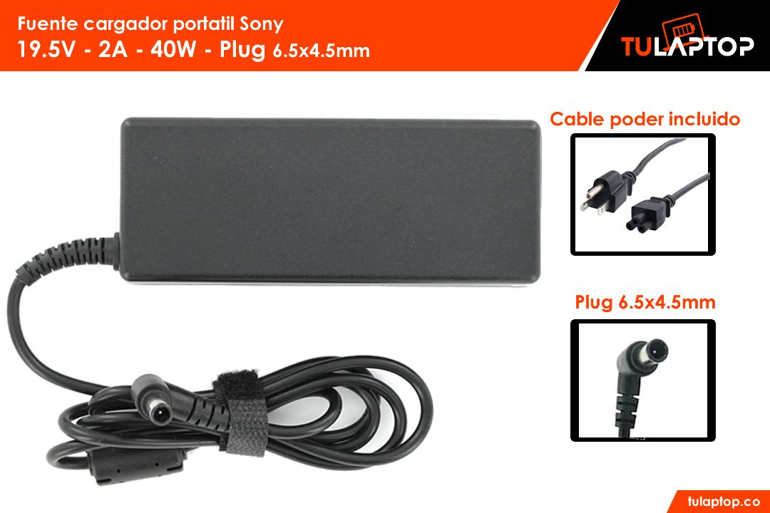 Fuente cargador para computador Sony 19.5V 2A 40W 6.5x4.5mm - Tu Laptop